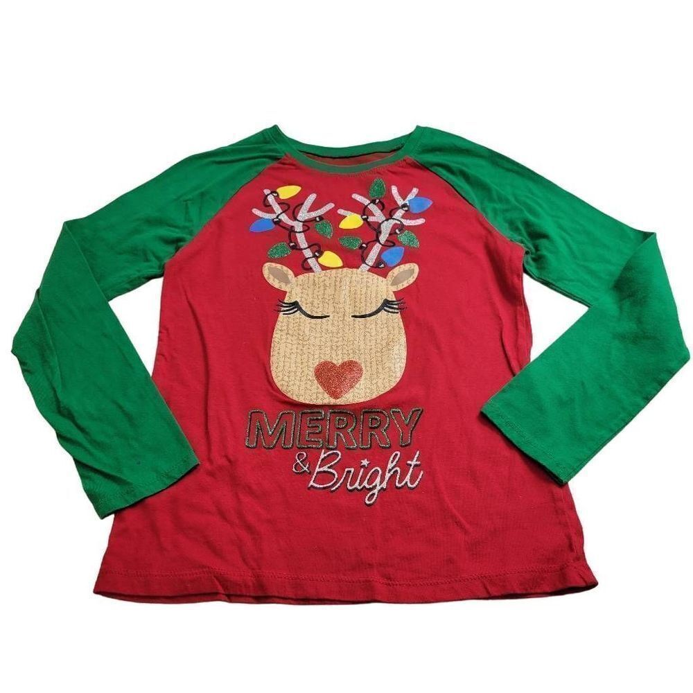 Holiday Time Merry & Bright reindeer Christmas shirt L